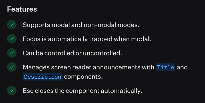 Liste des fonctionnalités d'un Dialog Radix UI